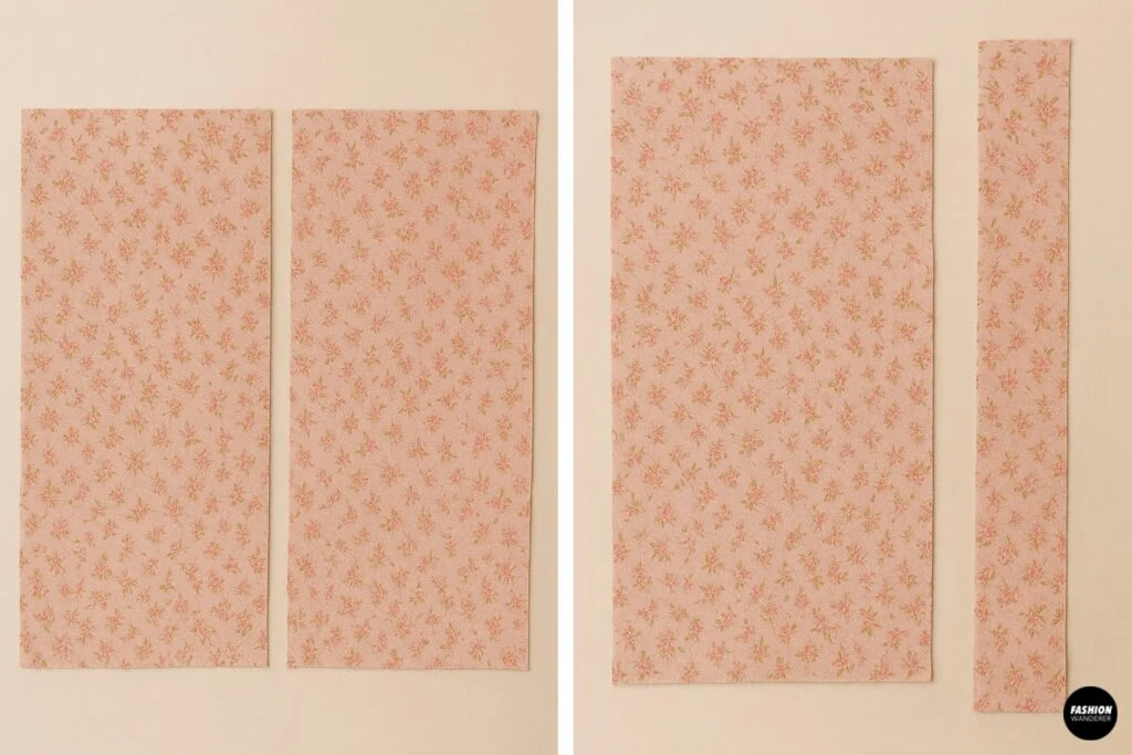 Two floral curtain panels cut to skirt panels and a narrow strip for waistband laid out on neutral tabletop.