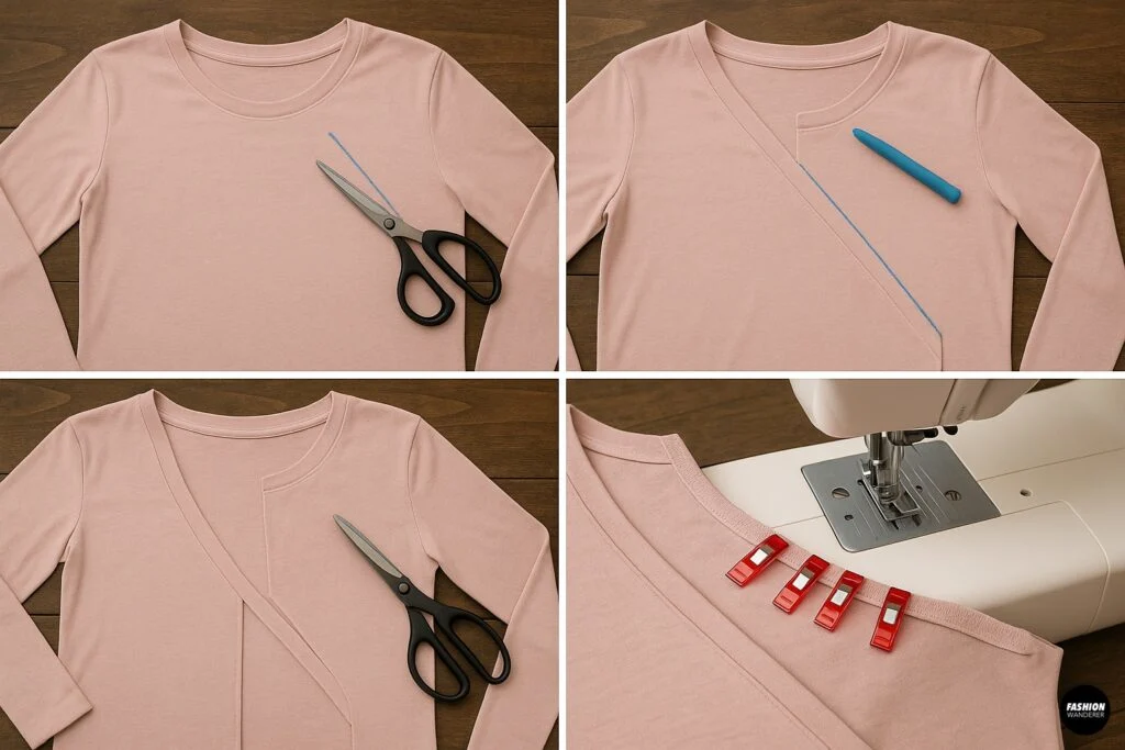 DIY tutorial showing how to cut the front of a long sleeve tee diagonally for a balletcore wrap top; features scissors, chalk lines, clips, and sewing machine in progress.