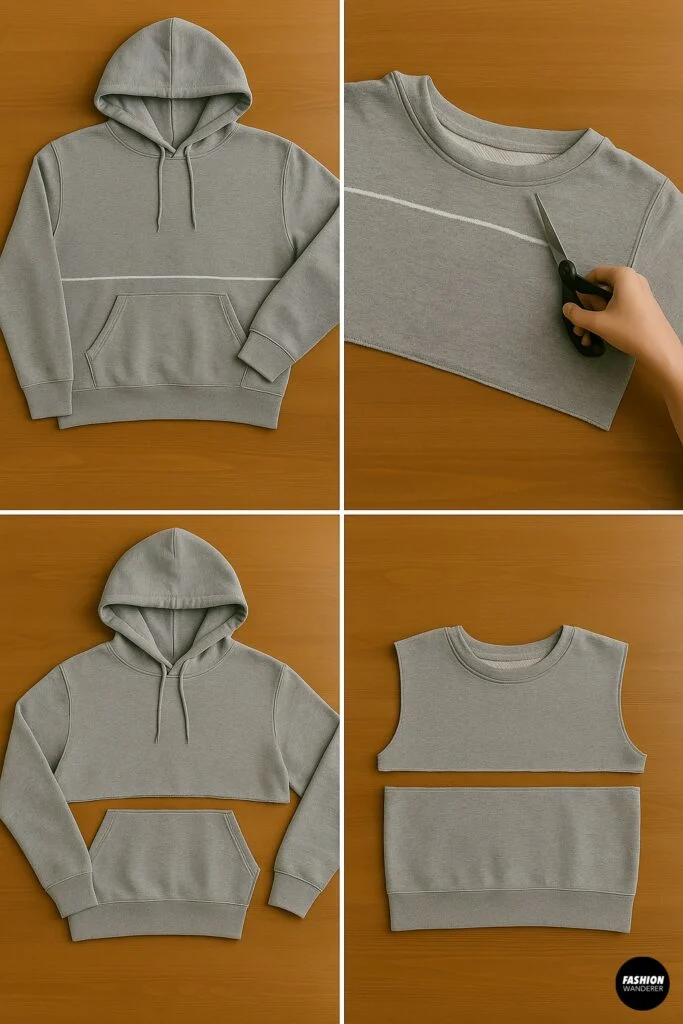 Six-panel collage showing chalk-marked hoodie being cut: full hoodie front with cut line, scissors trimming the top section, resulting cropped hood and bottom band laid out.