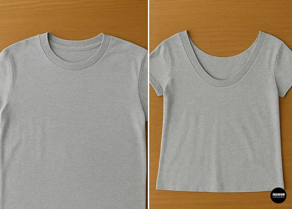 Comparison of grey T-shirt before and after cutting neckline wider to create straps for DIY backpack.