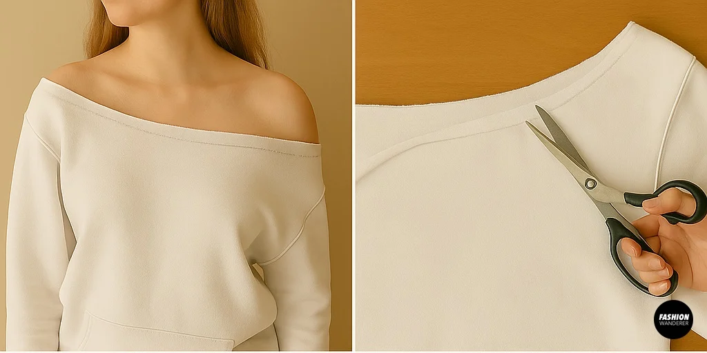 Cutting a wide neckline on a white hoodie to create a trendy DIY off-the-shoulder sweatshirt style.