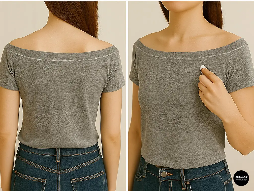 Close-up collage of a woman drawing a neckline curve on a gray shirt using fabric chalk and a ruler, followed by the off-shoulder crop top laid flat for cutting reference.