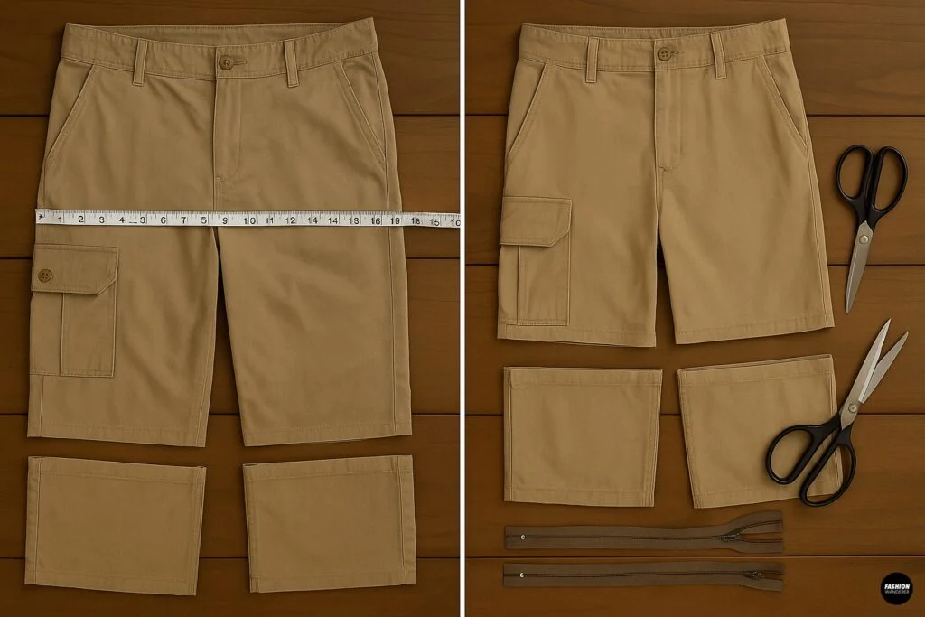 Khaki cargo pants cut into shorts with fabric scissors and measuring tape, showing removed pant leg sections for zip-off sewing project.
