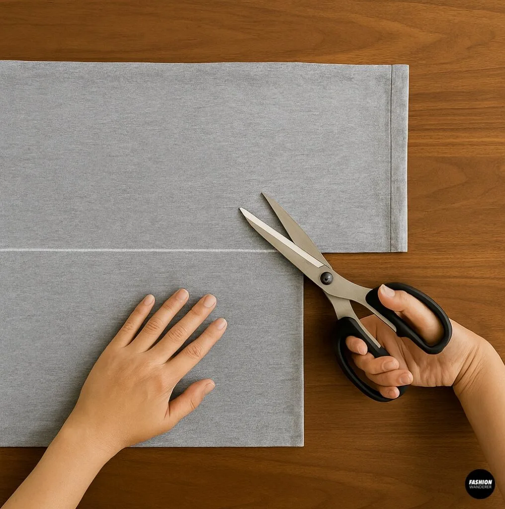 Hands holding scissors cutting pillowcase along marked line to size, step for making a no-sew skirt.