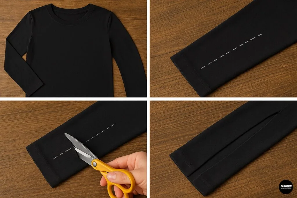 Photo collage of DIY process for cutting slits on black long sleeve tee sleeves using scissors. Includes fabric marked with dashed lines on wooden table.