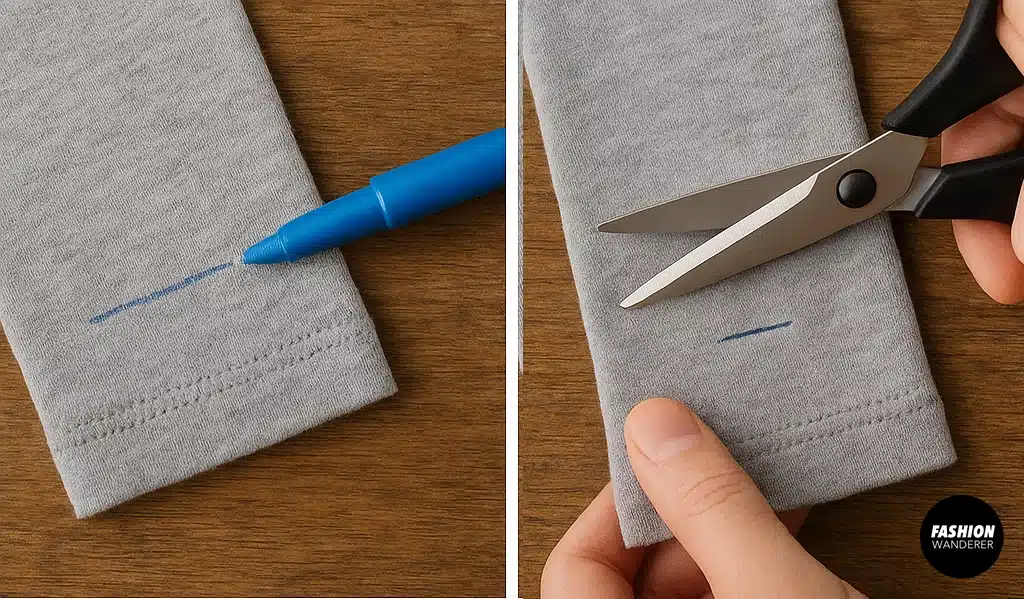 Step-by-step photos of cutting a small slit into the cuff of a gray long sleeve shirt using fabric scissors; includes close-up of marked line and final cut.