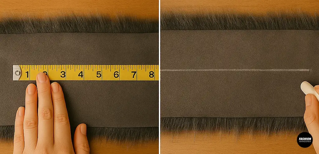 Tutorial showing how to cut faux fur fabric using tailor&rsquo;s chalk and measuring tape, preparing strips for sewing onto a jacket.