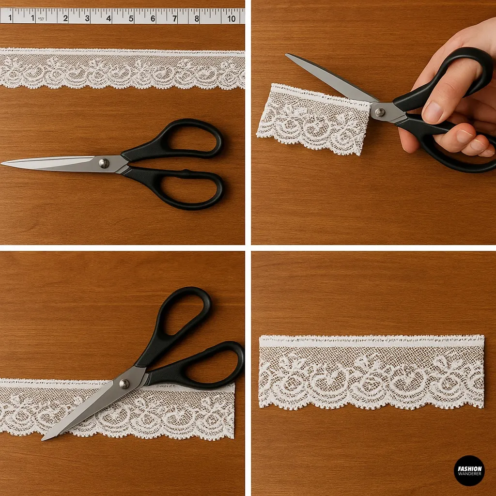 Cutting lace trim with fabric scissors on wooden table, step in DIY hoodie transformation with lace embellishments.