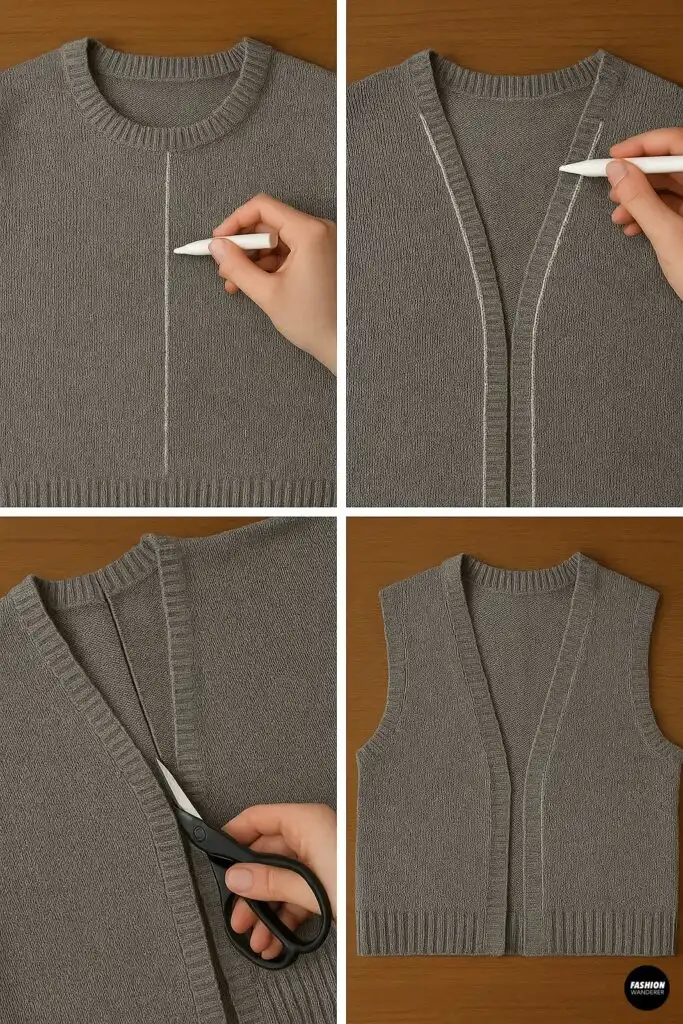Transforming a sweater into a V-neck vest by cutting neckline and shaping front opening.