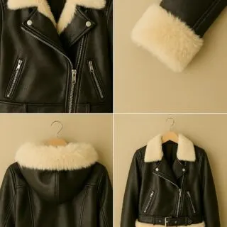 Collage of four photos showing a black leather jacket upgraded with beige faux fur trim on collar, cuffs, hood, and hemline for different styling options.