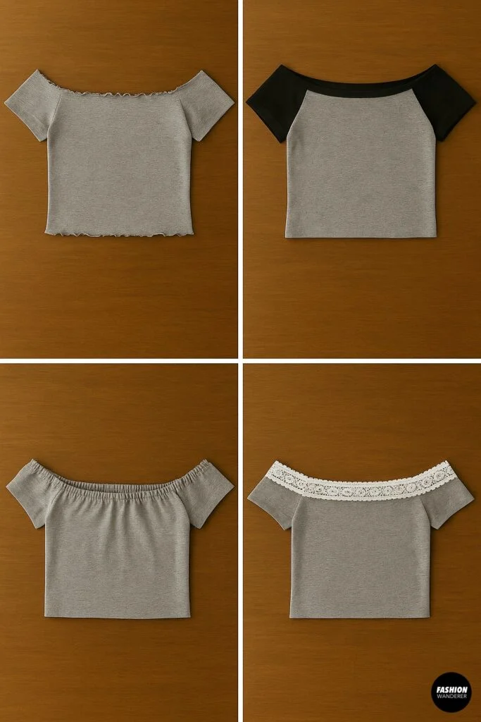 Collage of 4 different Off-the-Shoulder Baby Tee designs variations to try.