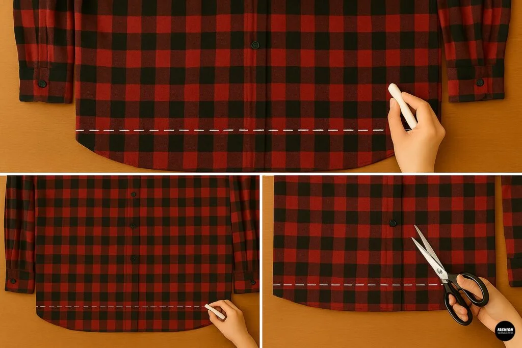 Step 3 of wrap skirt tutorial showing chalk marks across plaid fabric to determine skirt length before cutting.