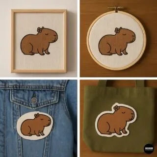 Mockup collage showing capybara hand embroidery displayed in a wooden frame, embroidery hoop, denim jacket patch, and olive green tote bag.