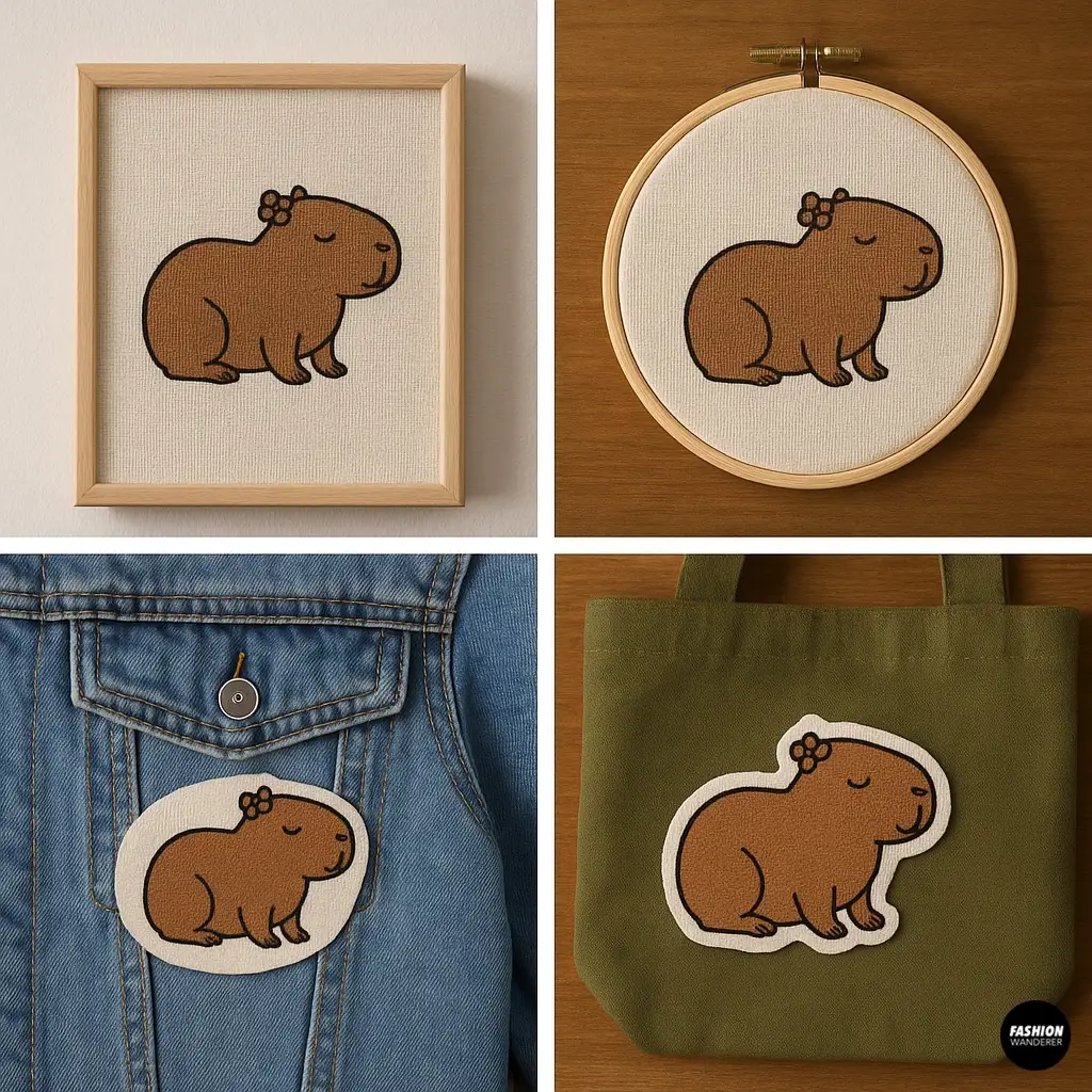 Mockup collage showing capybara hand embroidery displayed in a wooden frame, embroidery hoop, denim jacket patch, and olive green tote bag.