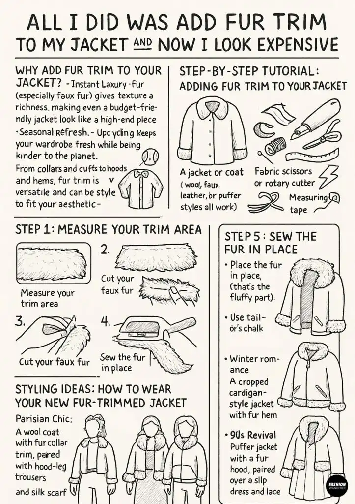 Black and white hand-drawn step-by-step infographic showing how to add faux fur trim to a jacket with sewing instructions and styling ideas.