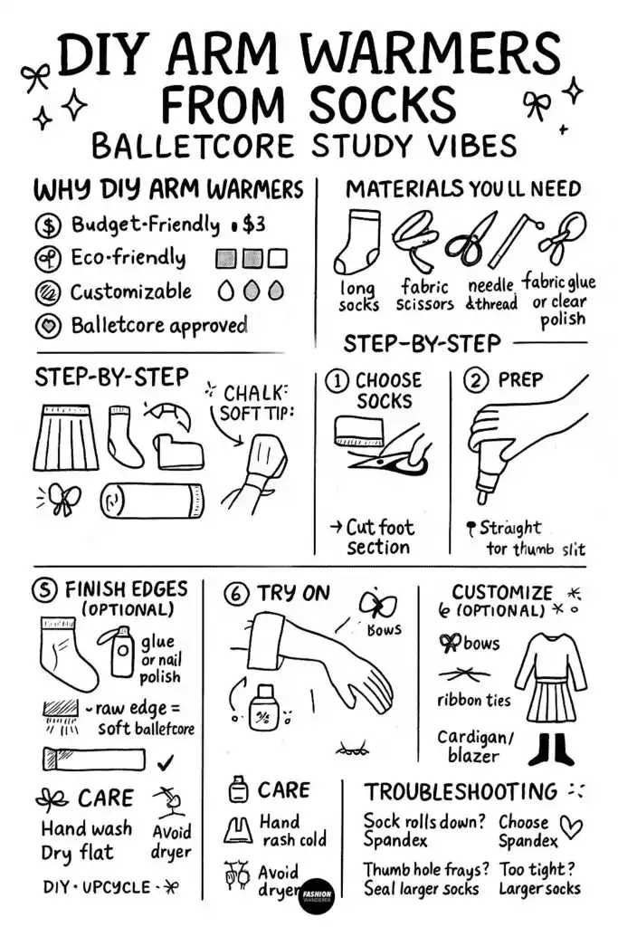 Hand-drawn black and white infographic showing step-by-step tutorial for DIY balletcore arm warmers made from socks, including materials, steps, care, customization, and troubleshooting tips.