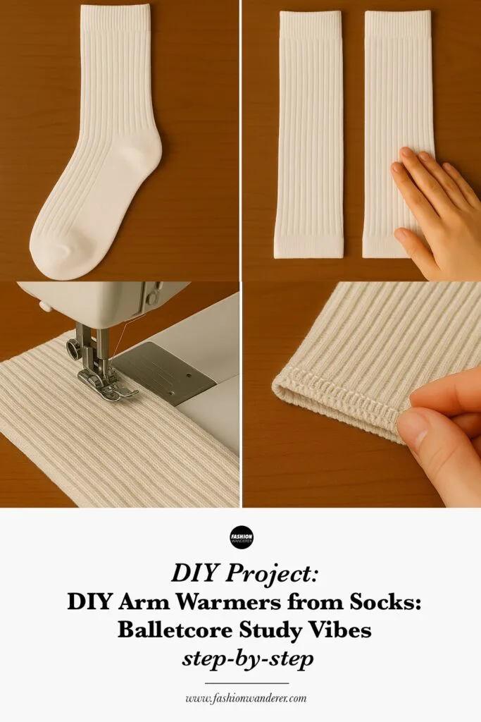 Pinterest ready collage showing step by step instructions to make a DIY balletcore arm warmers
