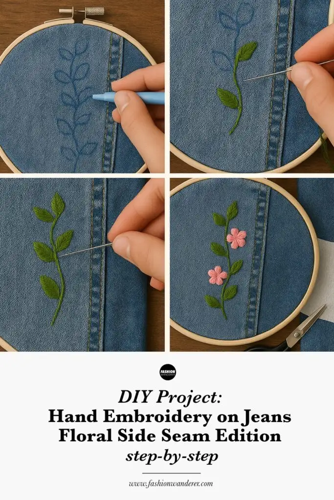 Collage of four close-up photos showing hand embroidery on denim jeans. Includes hoop embroidery with pink flowers and green leaves, detailed stitching along the side seam, use of stabilizer, and water-soluble pen marking the design.