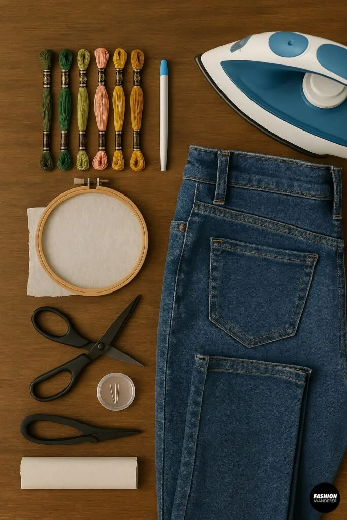 Flatlay of hand embroidery materials on a wooden table including denim jeans, embroidery floss, scissors, needles, stabilizer, iron, fabric marker, and hoop for floral stitching on jeans.