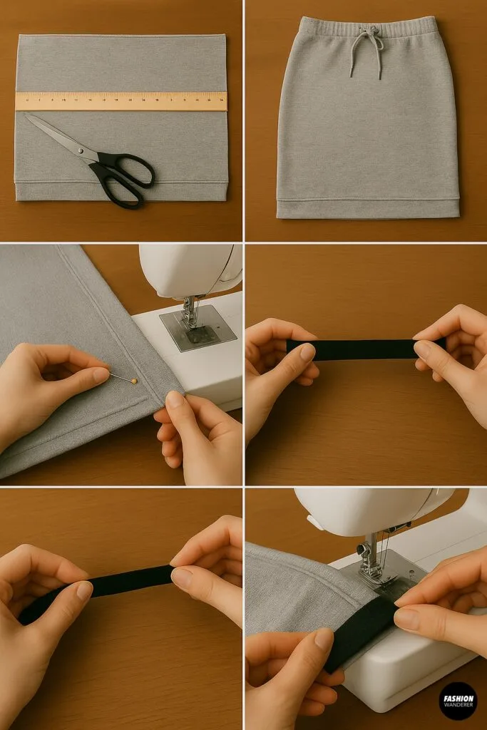 Four images illustrating skirt creation from the bottom half of the hoodie: ruler and scissors measuring and cutting skirt length, finished knit skirt laid flat, pinning and sewing the waistband casing, and pulling elastic to secure.