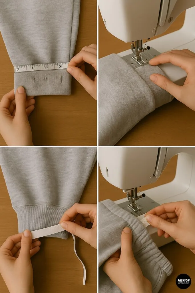 Six-step collage for converting hoodie into joggers: marking cuff width with ruler and pins, sewing ankle cuffs, measuring hem allowance, stitching cuffs, threading waistband elastic, and securing elastic inside the jogger waist.