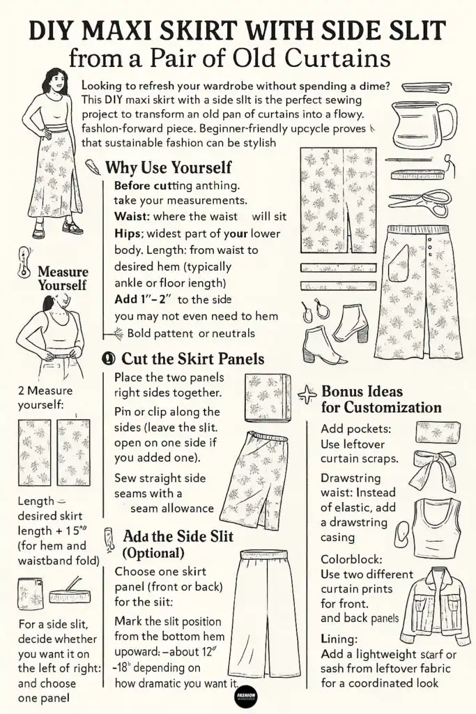 Black-and-white hand-drawn infographic titled “DIY Maxi Skirt with Side Slit from a Pair of Old Curtains.” Top features a woman in a maxi skirt and overview text. Left column shows “Measure Yourself” with body measurement icons; “Plan the Skirt Panels” with fabric panel sketches; and “Cut the Skirt Panels” checklist. Center column lists illustrated steps: “Add the Side Slit (Optional)” with skirt drawing; “Sew the Side Seams” with needle and thread icon; “Create the Waistband” with elastic and fabric strip; “Hem the Bottom” with folded hem sketch. Right column shows “Materials You’ll Need” icons (curtains, scissors, pins, tape measure, sewing machine, iron) and “Bonus Ideas for Customization” with small pockets, drawstring bow, colorblock panel, and lining sash illustrations.