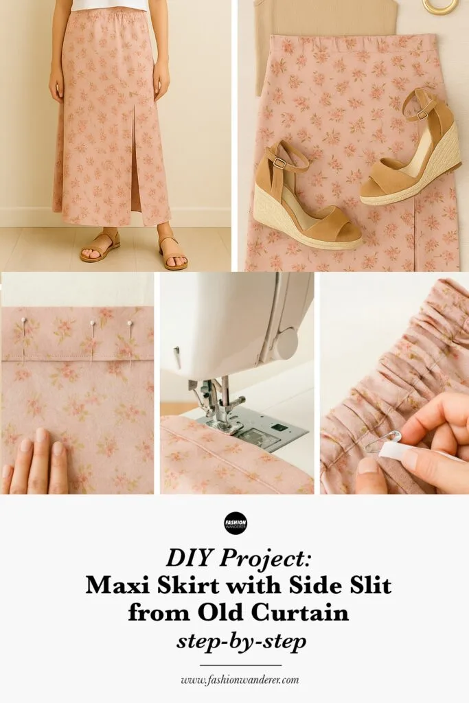 Pinterest ready pin featuring DIY Maxi Skirt with Side Slit from Old Curtains including step by step pictures and instructions.