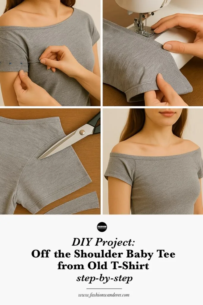 Pinterest style infographic for DIY Off-the-Shoulder Baby Tee from an Old Shirt including step-by-step instructions for the diy fashion project.