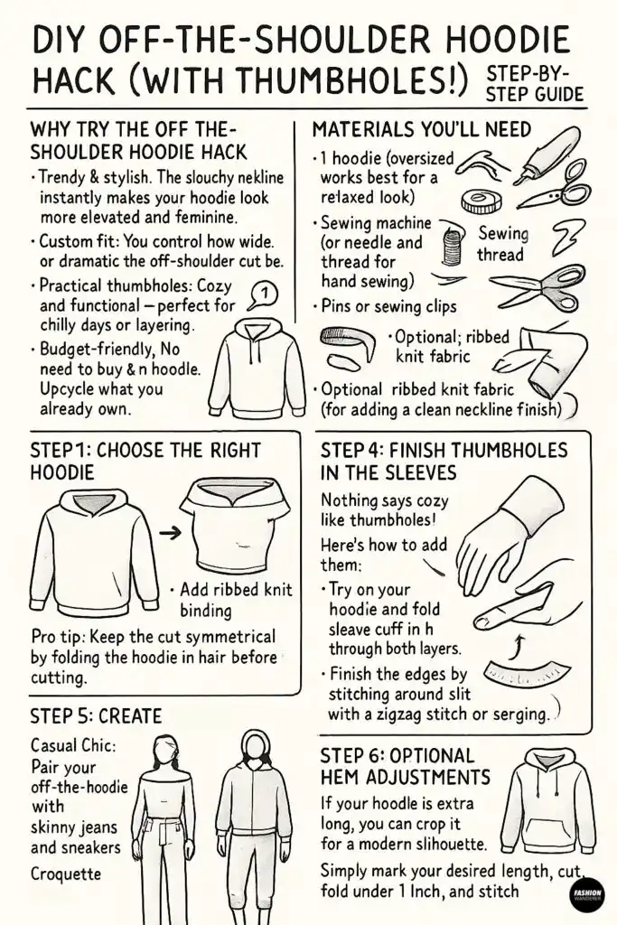 Hand-drawn black and white infographic guide for DIY off-the-shoulder hoodie hack with thumbholes.