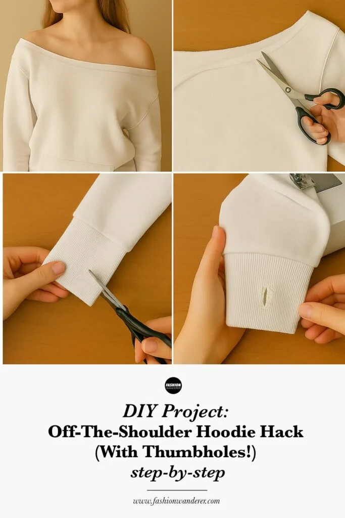 Hand-drawn black and white infographic guide for DIY off-the-shoulder hoodie hack with thumbholes.
