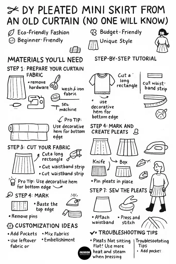 Hand-drawn infographic showing DIY pleated mini skirt from an old curtain—materials list, beginner-friendly steps, pleat marking, waistband, hemming, customization, and troubleshooting tips.