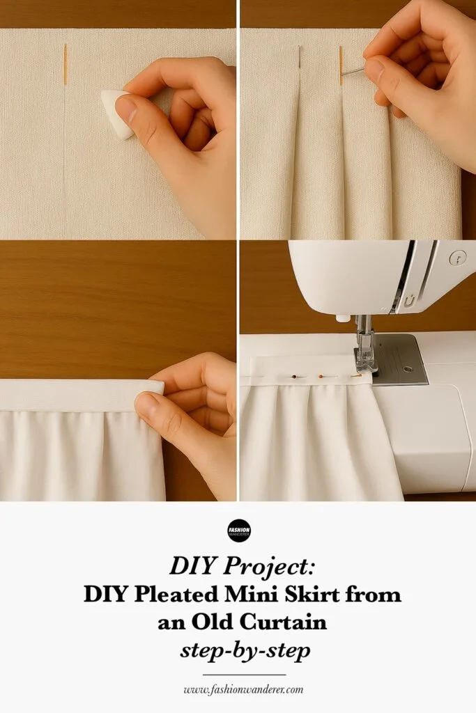 Pinterest ready pin showing step by step instructions to transform an old curtain into a pleated mini skirt.