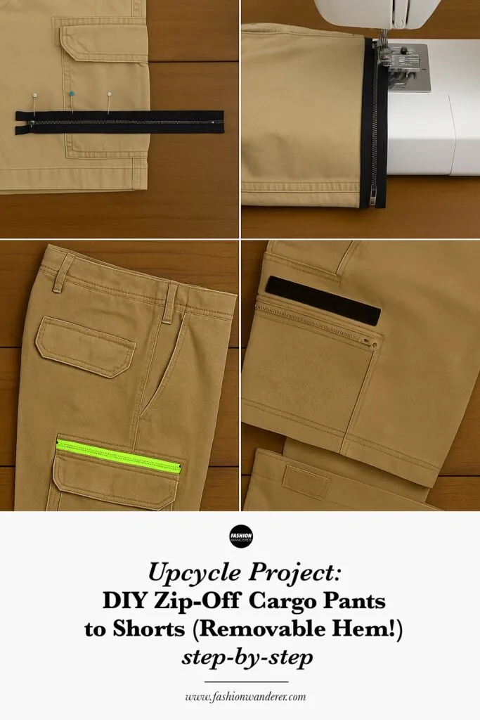 Pinterest ready pin showing a step-by-step tutorial to upcycle zip-off cargo pants into cargo shorts.