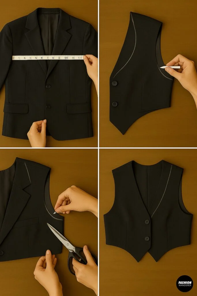 Black blazer bodice with measuring tape held across chest and chalk outline drawn on removed panel, illustrating how to draft a custom cropped vest pattern.