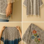 Four-panel collage showing a fringed crochet-trimmed paisley kimono on a hanger, dip-dye ombré effect, and floral embroidery detail on the front corner.