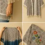 Four-panel collage showing a fringed crochet-trimmed paisley kimono on a hanger, dip-dye ombré effect, and floral embroidery detail on the front corner.