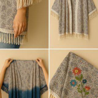Four-panel collage showing a fringed crochet-trimmed paisley kimono on a hanger, dip-dye ombré effect, and floral embroidery detail on the front corner.