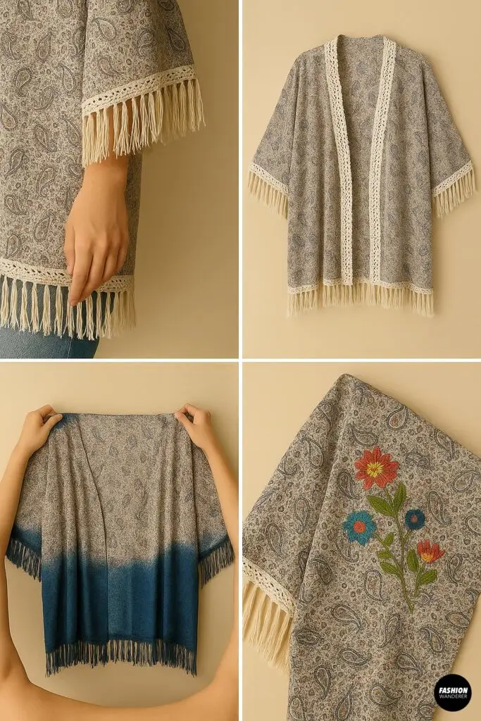 Four-panel collage showing a fringed crochet-trimmed paisley kimono on a hanger, dip-dye ombr&eacute; effect, and floral embroidery detail on the front corner.