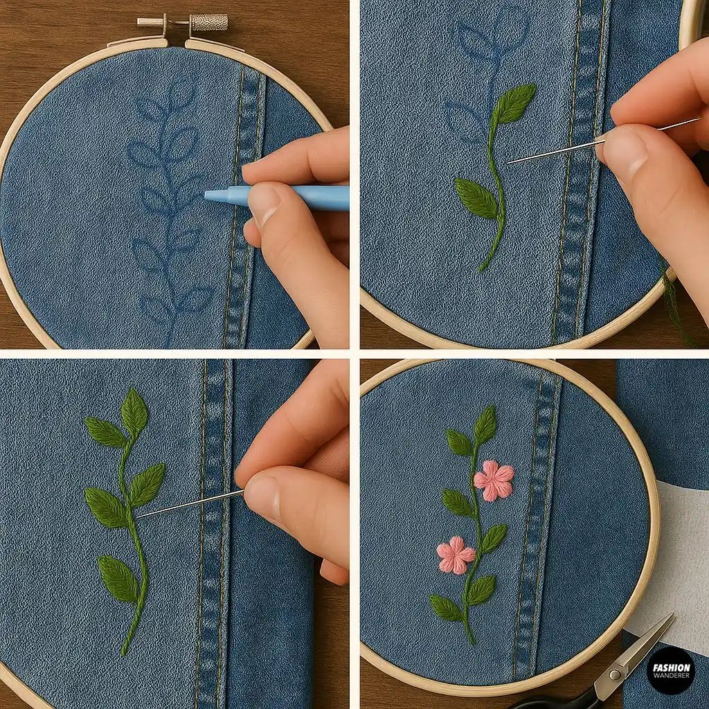 DIY embroidery tutorial close-up of satin stitch leaves being added to denim jeans using green thread and embroidery hoop.