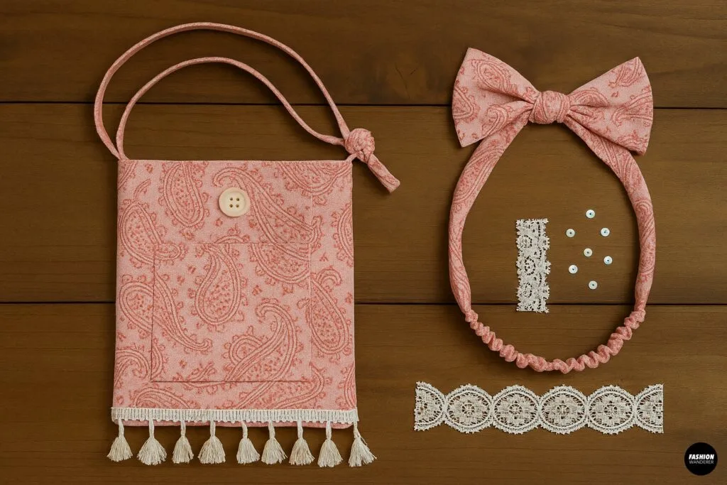 DIY pink paisley scarf bag and bow headband styled with tassels, lace trim, sequins, and patch pocket for customization ideas.