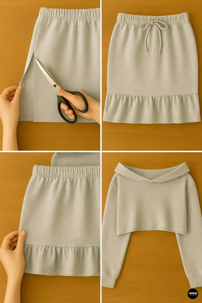 DIY collage showing hoodie upcycle customization ideas including adding a skirt slit, ruffle hem, drawstring waist, and off-shoulder neckline.