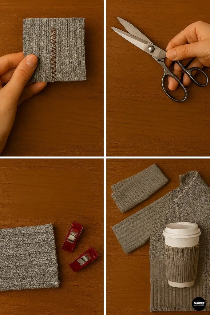 Extra DIY sweater vest tips showing zigzag stitch test, cutting knit scraps, sewing clips, and a coffee cup cozy made from sweater sleeves.