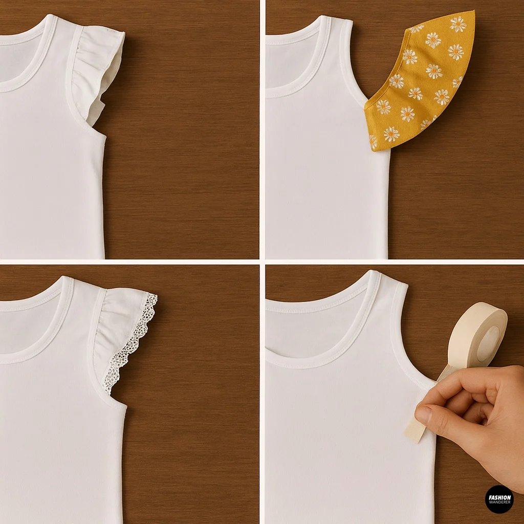 Clean four-panel collage of ruffle variations on a white tank: double-layered ruffle sleeves, contrast mustard fabric ruffle with daisy print, delicate lace-trimmed ruffle, and no-sew iron-on fabric tape ruffle option&mdash;extra customizations for DIY tank sleeves.
