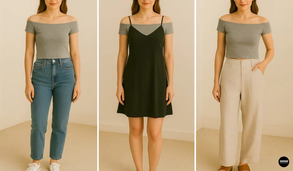 Four design variations of off-shoulder baby tees displayed on a wooden background, including options with lettuce hems, lace trim, raglan sleeves, and gathered elastic necklines.