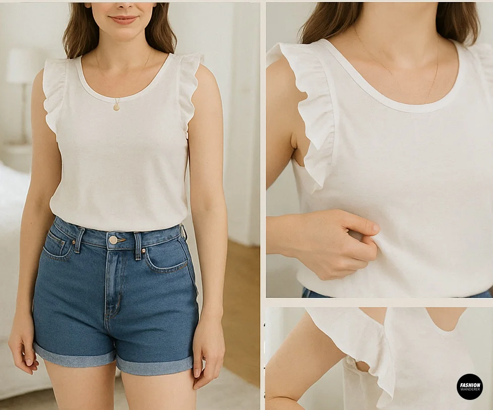 Four-panel collage styled shoot of finished tank top: (top-left) model wearing the tank with ruffle sleeves and denim shorts, (top-right) close-up front view of ruffle detail, (bottom-left) side view showing sleeve silhouette, (bottom-right) back view zoom on ruffle&mdash;final fit and styling tips.