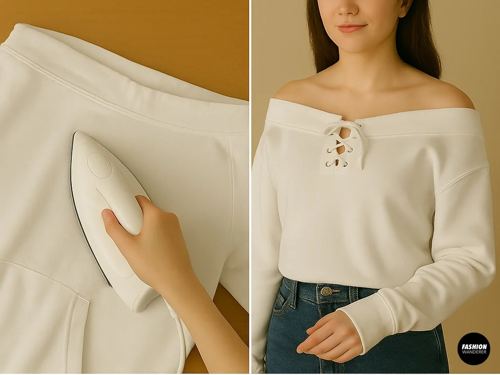 Ironing and modeling the finished DIY off-the-shoulder hoodie with lace-up neckline and thumbholes.