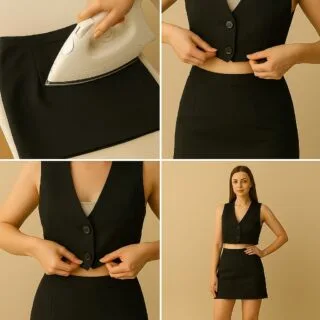 Woman ironing the mini skirt and then buttoning the finished cropped vest in front of a mirror, modeling the completed upcycled set.