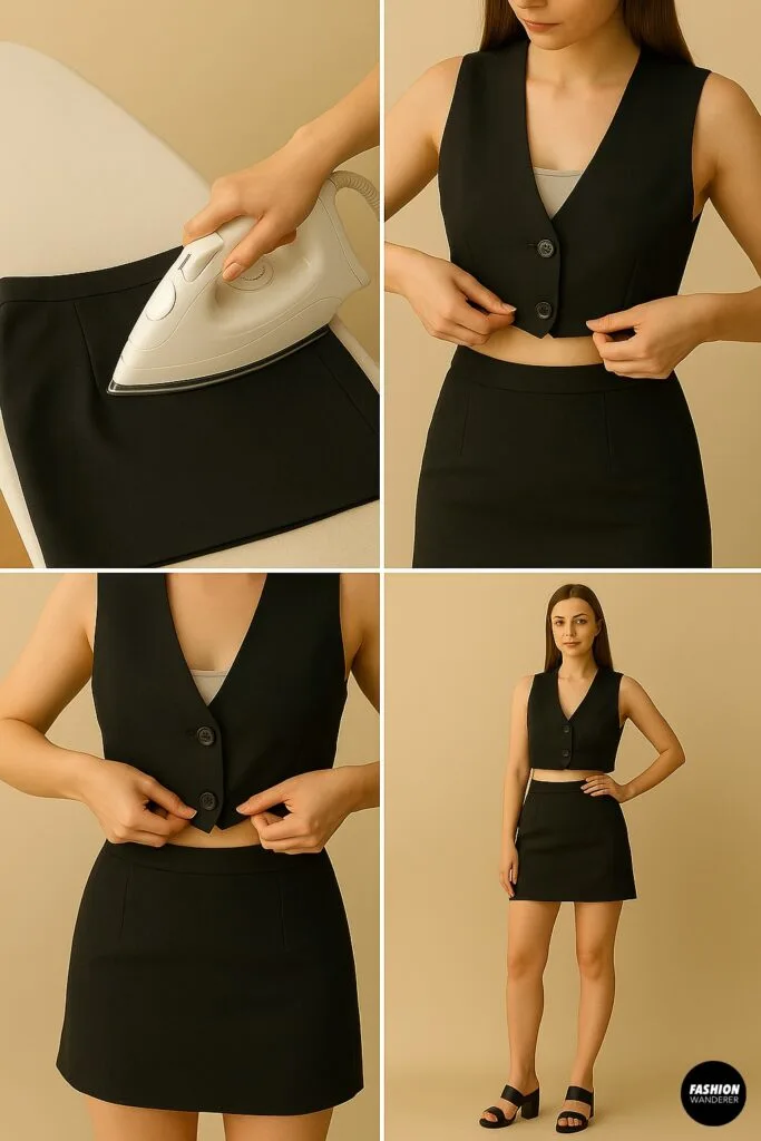 Woman ironing the mini skirt and then buttoning the finished cropped vest in front of a mirror, modeling the completed upcycled set.