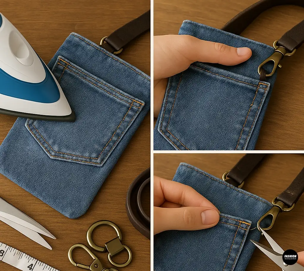 DIY sewing project finishing steps featuring ironing, strap attachment, and edge trimming of a completed denim crossbody pouch using gold-tone swivel hooks.