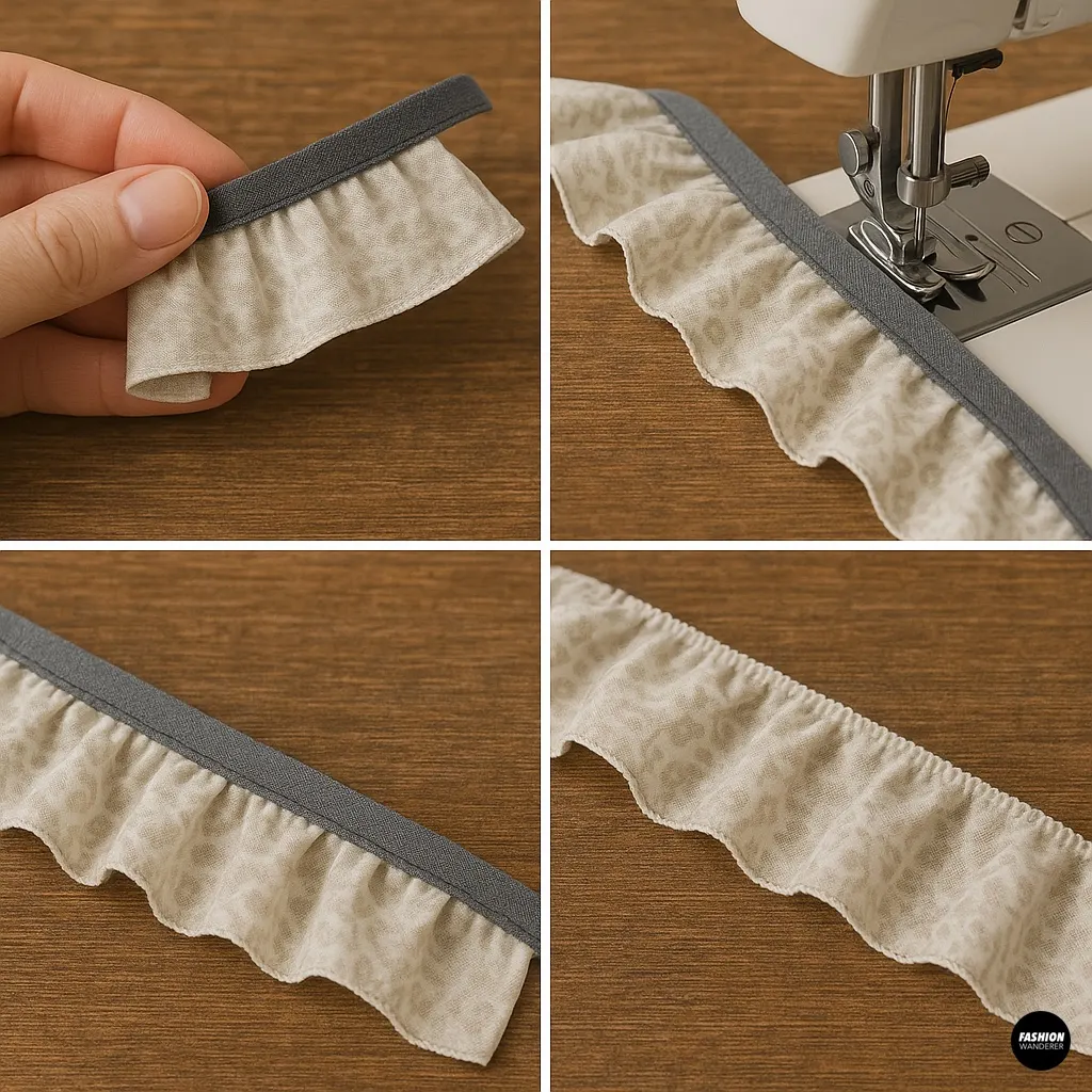 Four-panel collage demonstrating edge finishing: (1) hand holding a gathered ruffle strip bound with bias tape, (2) ruffle under a sewing machine foot, (3) close-up of bias tape stitched to ruffle edge, (4) raw ruffle edge serged&mdash;how to finish ruffle edges for a clean look.